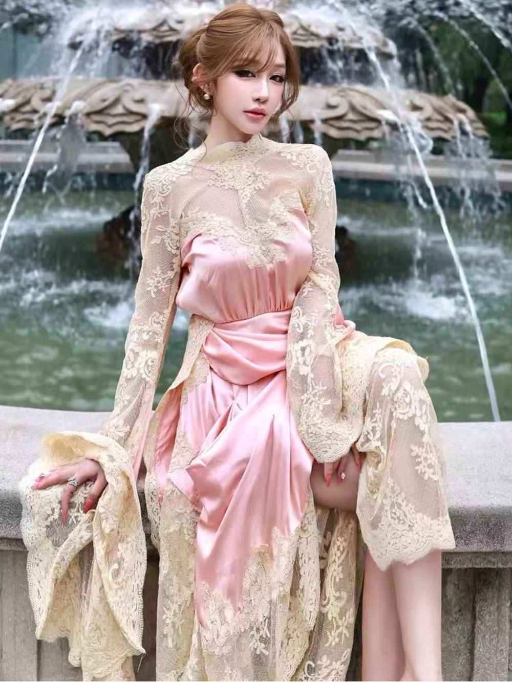 Designer-style Pink & Cream Lace Draped Women's Dress - Picture 10 of 10